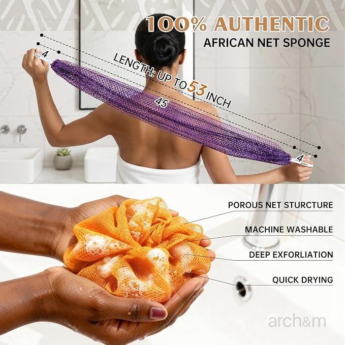 ARCH&M African Exfoliating Net Sponge Authentic, 53" Extra-Long Loofah | Quick-Dry Mesh Body Scrubber, Smoother Skin, Women and Men Daily Use, Gentle for Sensitive Skin, Travel Spa Gifts
