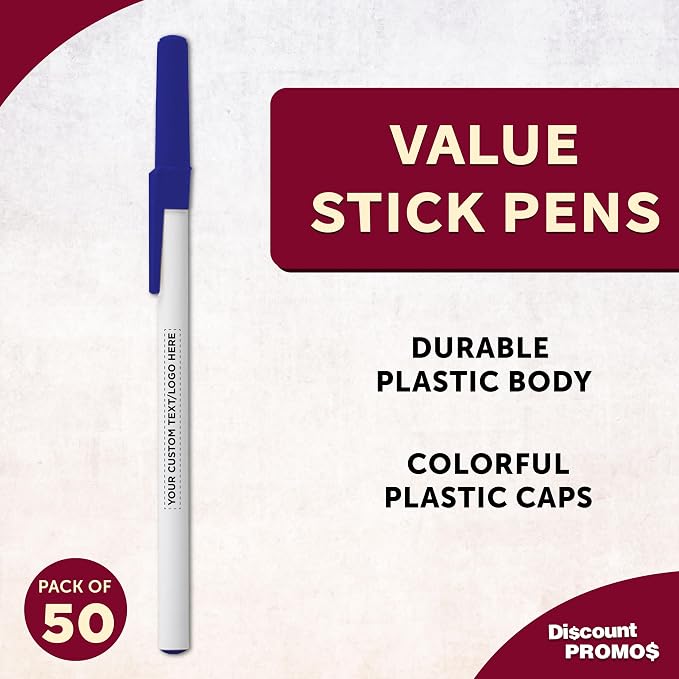 DISCOUNT PROMOS Custom Value Stick Pens Set of 50, Personalized Bulk Pack - Black Ink, Great for Office, School, Business, Tradeshows, Events - Blue