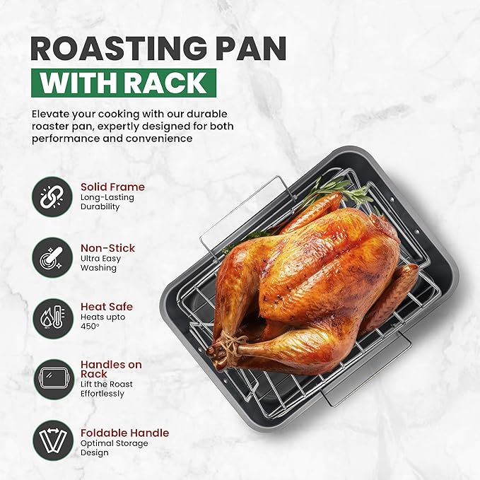 Roasting Pan With Rack 11" x 15" - Non Stick Large Roaster Pan and V-rack with foldable handles - Roasting Pans for Ovens to Elevate Food for Even Heating - Dishwasher Safe Turkey Roast Pot