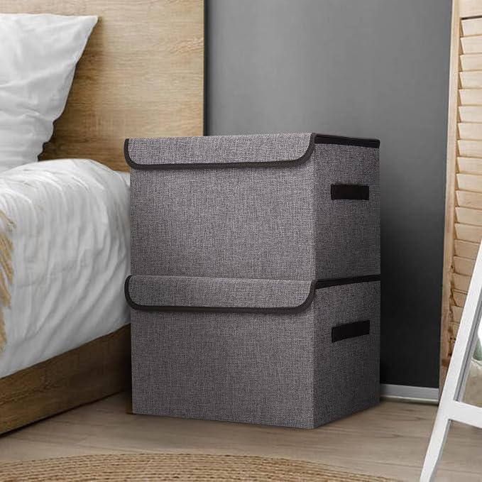 Bagnizer Large 17" 42 Quarts Collapsible Stackable Storage Bins with Lids [3-Pack] Foldable Fabric Linen Storage Boxes Cube, Closet Organizer Baskets with Label for Home (16.7 x 12 x 12, Gray)