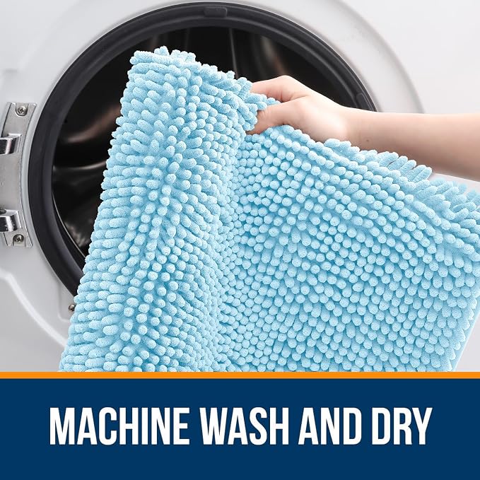 OLANLY Bathroom Rugs 32x20, Extra Soft Absorbent Chenille Bath Rugs, Rubber Backing Quick Dry, Machine Washable Bath Mats for Bathroom Floor, Tub and Shower, Home Decor Accessories, Sky Blue