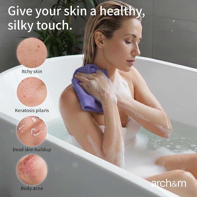 ARCH&M Exfoliating Washcloth, 3 Pack, Gray Black Off-White | Japanese Body Scrubber, Long Nylon Towel for Back, Korean Exfoliation, Daily Use, For Glowing Skin