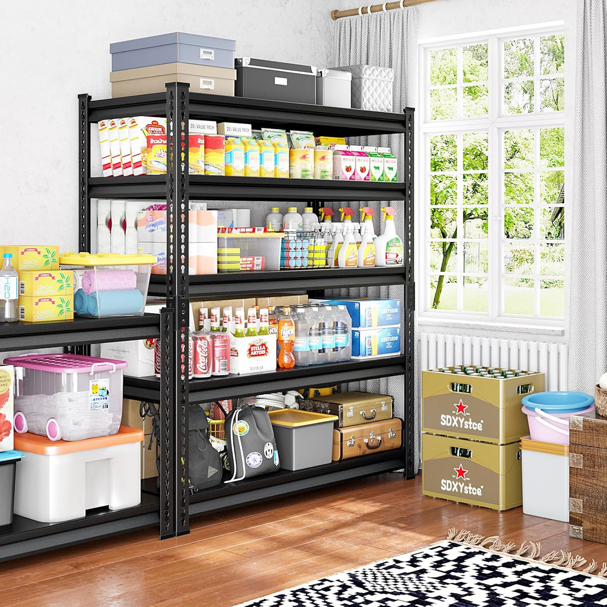 48" W Heavy Duty Garage Shelving, 5-Tier Metal Industrial Shelves, 3000LBS Loads, 4 Pack