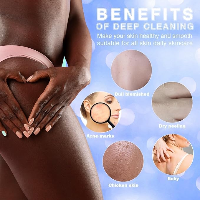 UJFQBH 3 Pieces African exfoliating net African Net Long Net Bath Sponge Exfoliating Shower Body Scrubber Back Scrubber Skin Smoother,Great for Daily Use (Purple、Gray、Brown)