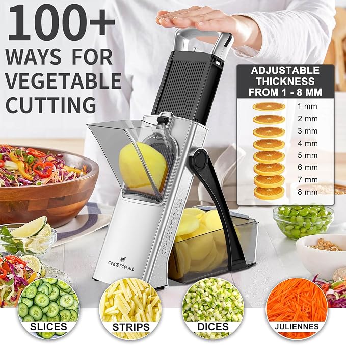 ONCE FOR ALL Upgrade Safe Mandoline Slicer Plus, Biger Size, Adjustable Vegetable Food Chopper Potato Fries Cutter, Detachable Blade, Kitchen Chopping Artifact, Gift (Black)