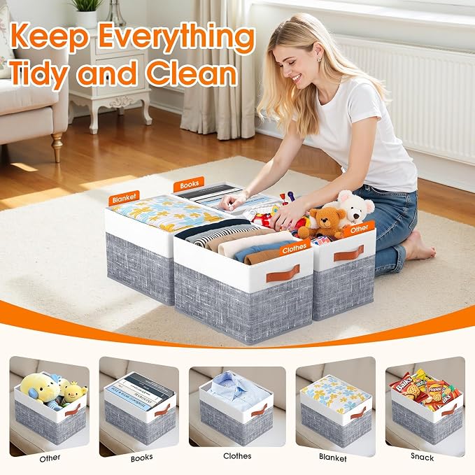Fab totes Collapsible Storage Baskets for Shelves,14"x10", 6 Pack Foldable Fabric Storage Bins with Double Leather Handles, Large Baskets for Organizing Books, Clothes, White & Grey