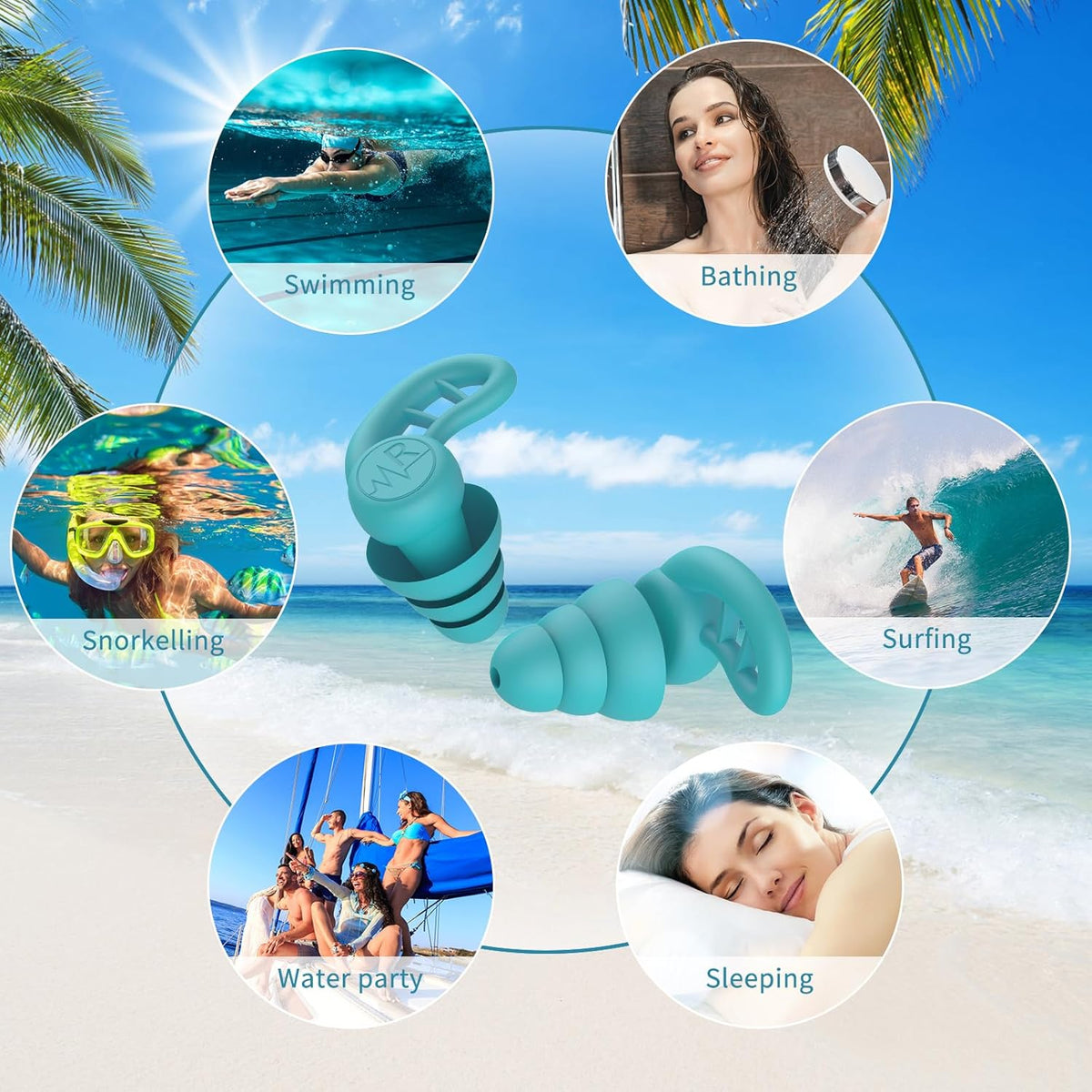 Swimming Ear Plugs for Adults, 6 Pairs Reusable Silicone Waterproof Colorful Swim Earplugs for Swimming Showering Snorkeling Surfing and Water Sports, Water Ear Plugs for Men and Women