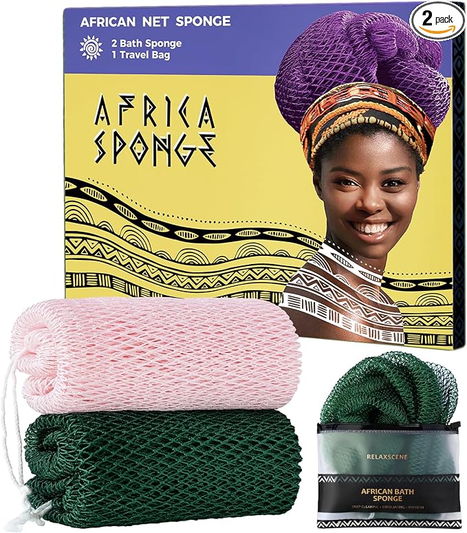 Afro Scrubber African Net Sponge - 2 Pieces Authentic African Wash Cloths - Exfoliating Body Sponges for Showering Forest & BabyPink - Back Scrub Exfoliator Shower Loofah for Body Bath Accessories