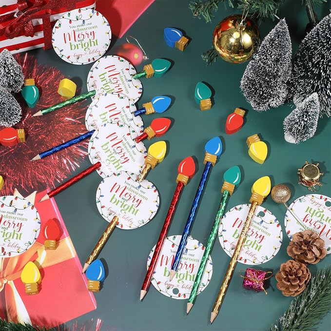 Geyoga Christmas Pencils Erasers Gifts Set with Bulb Eraser Topper, 36 Set