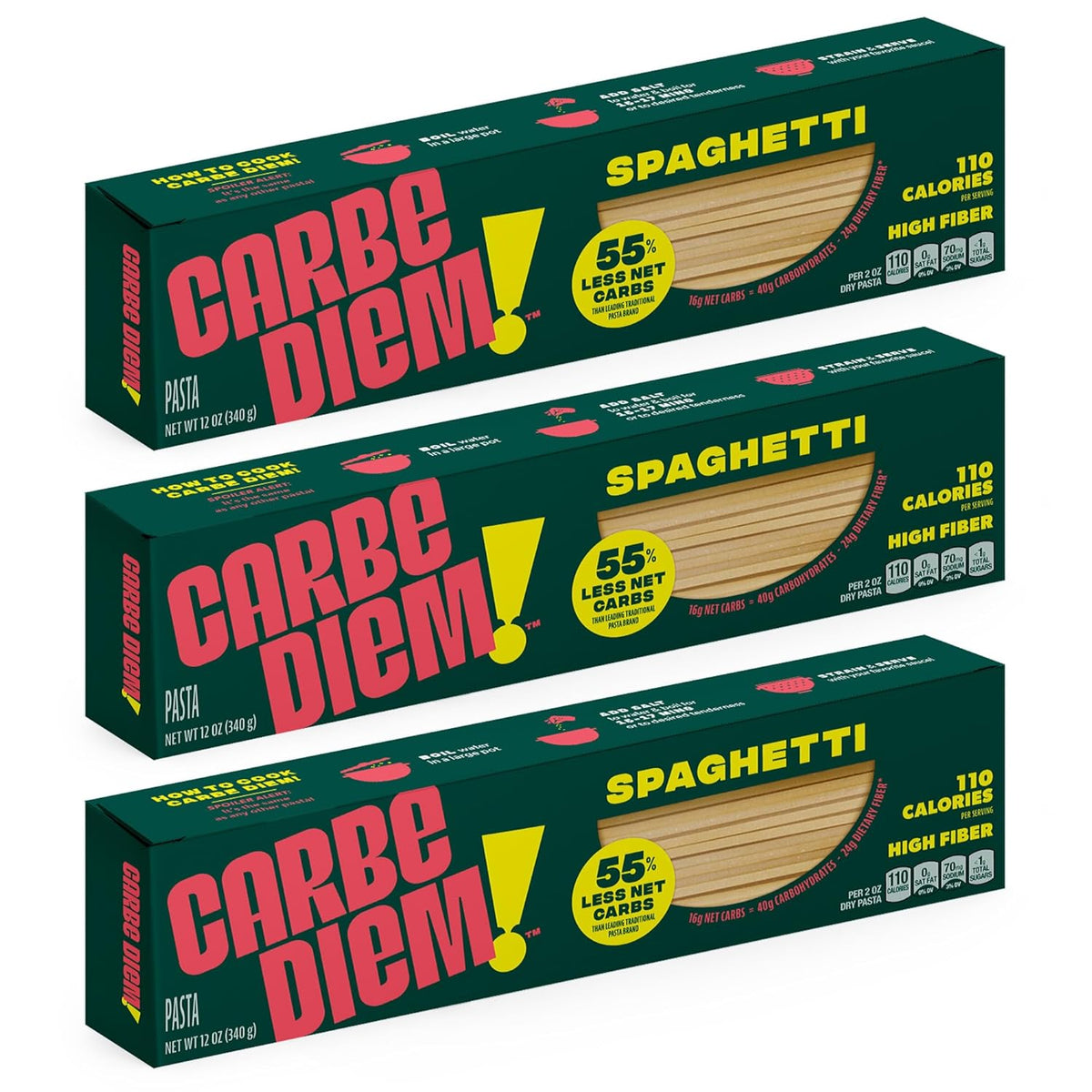 Carbe Diem!, Spaghetti, Lower Net Carb Pasta with Traditional Flavor & Texture, 55% Fewer Net Carbs & Only 110 Calories Per Serving, Pack of 3