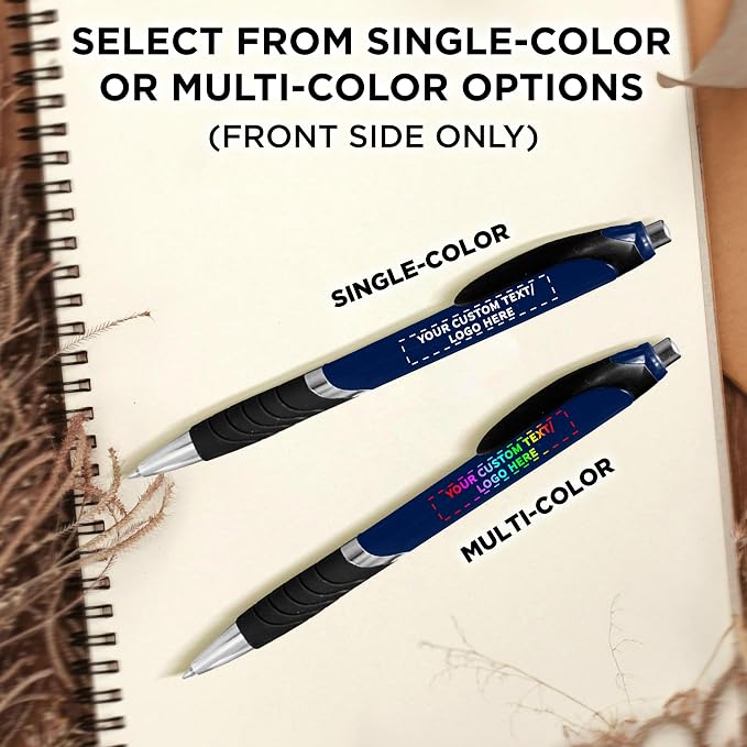 DISCOUNT PROMOS Ballpoint Pens With Rubber Grip - 50 pack - Customizable Text, Logo - Black Ink Ball Point Pen with Soft Touch Plastic - Navy Blue