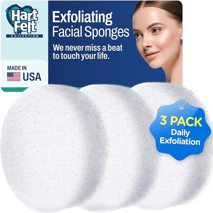 HartFelt Round Face Scrubber for Women | Reusable Facial Sponges for Daily Cleansing | Facial Exfoliating Pads for Removing Dead Skin, Dirt & Makeup | Use with Favorite Cream | Made in USA - 3 Count