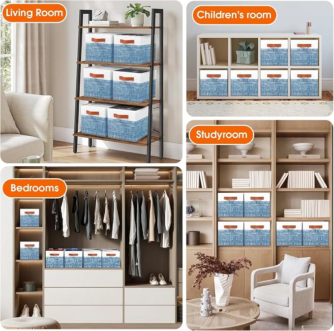 Fab totes Collapsible Storage Baskets for Shelves,14"x10", 6 Pack Foldable Fabric Storage Bins with Double Leather Handles, Large Baskets for Organizing Books, Clothes, White & Blue