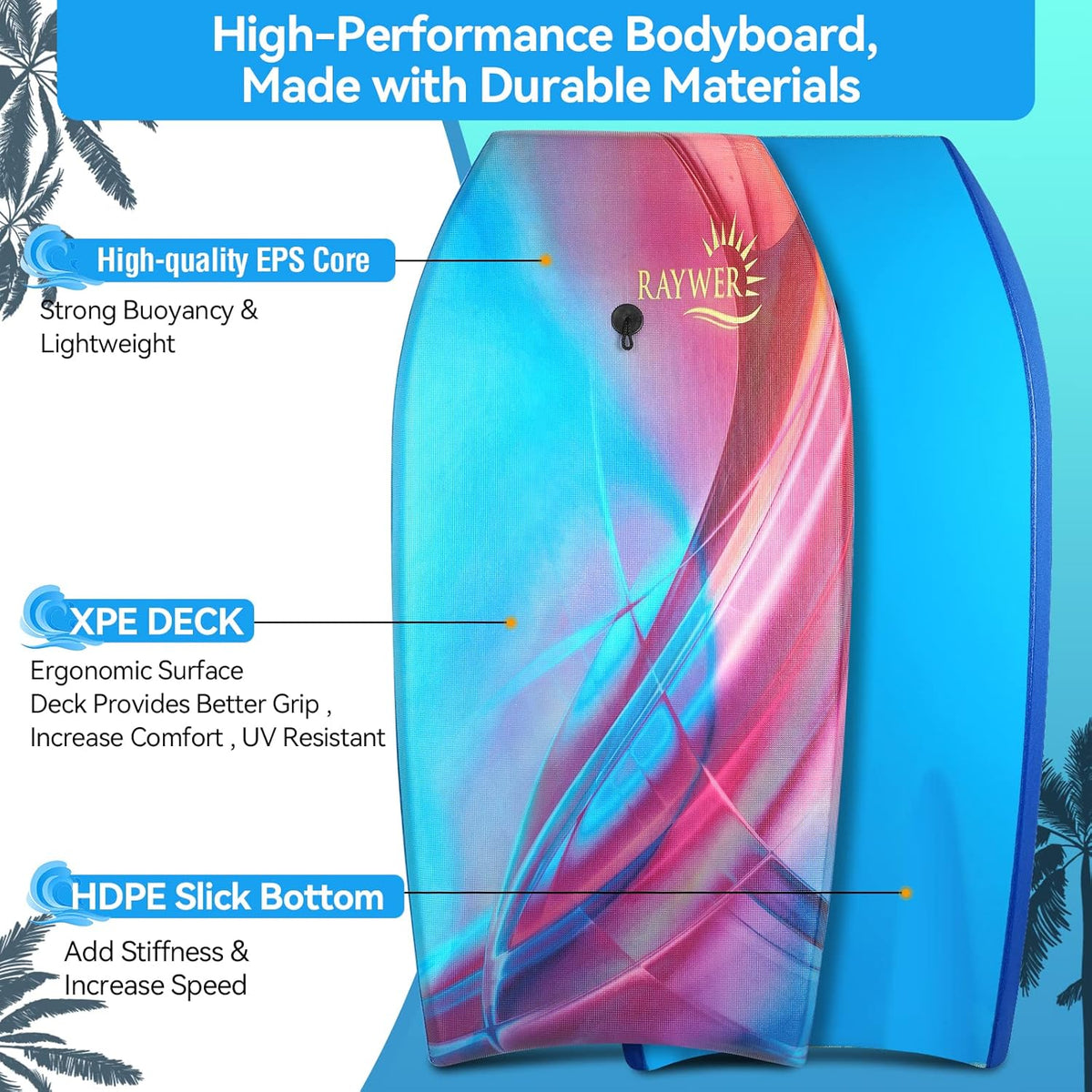 Body Board Lightweight with EPS Core, HDPE Slick Bottom, Leash & Adjustable Wrist Rope, Great Surfing for Kids and Adults