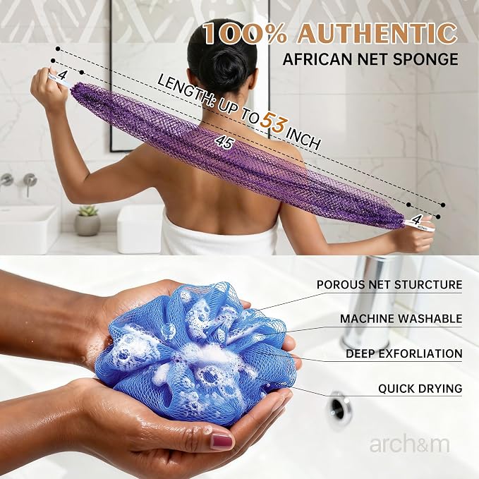 ARCH&M Authentic African Net Sponge with Knots, 2 Pack | 53" Extra-Long Back Scrubber, Quick-Dry Exfoliating Shower Mesh Loofah, Women and Men Daily Use, Gentle for Sensitive Skin