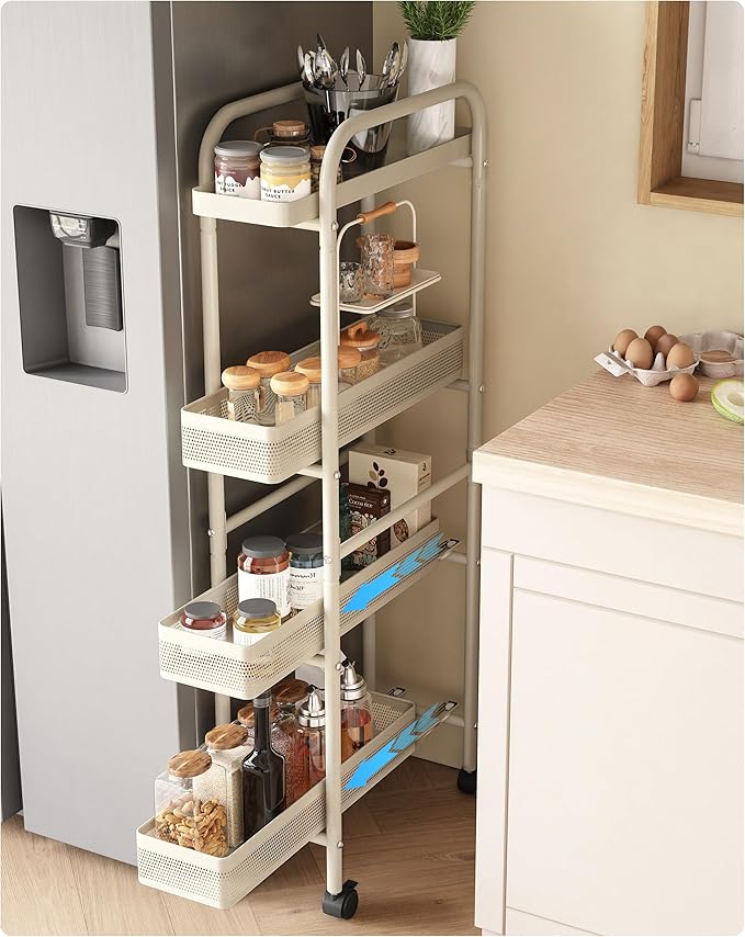 UMDONX Slim Storage Cart 4 Tier with Pull Out Basket Bathroom Organizer Rolling cart, Rolling Utility Cart Slide Out Organizer for Kitchen, Bathroom, Laundry White
