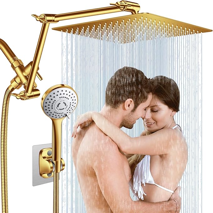 12'' Gold Rain Shower Head, High Pressure Rainfall Shower Head with 16 inch Adjustable Extension Arm，Flexible Adjust Height and Angle, 5 Setting Spray Handheld Shower Head, Anti-leak