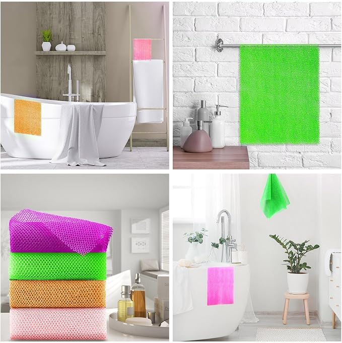 UJFQBH 4 Pieces African Net Sponge African Net Long Net Bath Sponge Exfoliating Shower Body Scrubber Back Scrubber Skin Smoother,Great for Daily Use (Purple, Orange, Green, Pink)