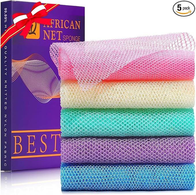 UJFQBH 5 Pieces African Bath Sponge African Net Long Net Bath Sponge Exfoliating Shower Body Scrubber Back Scrubber Skin Smoother,Great for Daily Use (Purple, Pink, Green, Blue, White)