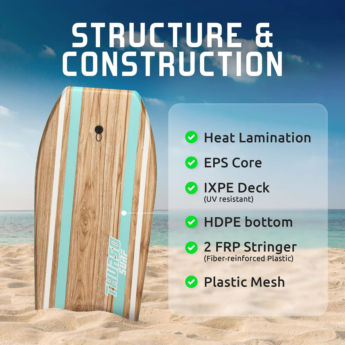 THURSO SURF Quill 42'' Bodyboard Lightweight Durable EPS Core IXPE Deck HDPE Slick Bottom FRP Stringer Crescent Tail Dual Channel Plastic Mesh with Double Stainless Steel Swivel Coiled Wrist Leash