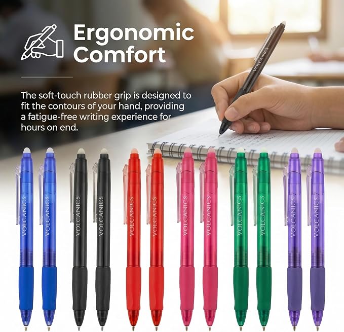 Volcanics Clicker Erasable Gel Pens, 12 Pack, 6 Colors