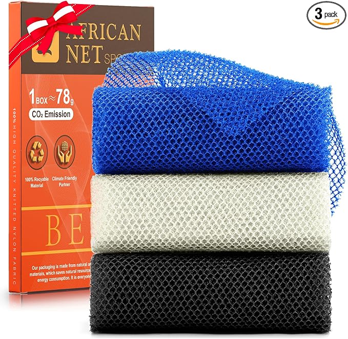 UJFQBH 3 Pieces African Bath Sponge African Net Long Net Bath Sponge Exfoliating Shower Body Scrubber Back Scrubber Skin Smoother,Great for Daily Use(Blue,Black,Off-White)