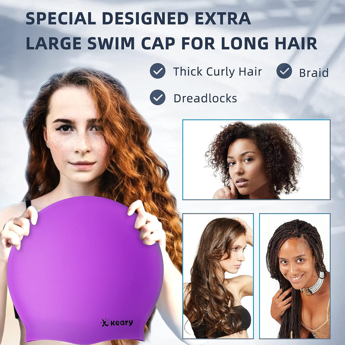 Keary Extra Large Swim Cap for Braids and Dreadlocks Extensions Weaves Long Hair, Waterproof Silicone Cover Ear Bath Pool Shower Swimming Cap for Adult Youth to Keep Hair Dry, Easy to Put On and Off