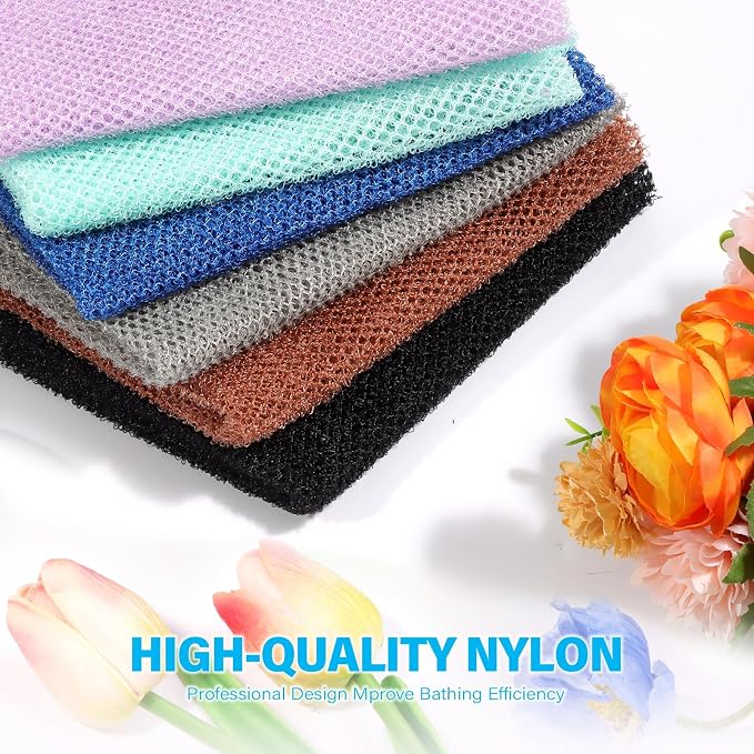 UJFQBH 6 Pieces African Bath Sponge African Net Long Net Bath Sponge Exfoliating Shower Body Scrubber Back Scrubber Skin Smoother,Great for Daily Use (Purple, Gray, Blue, Black, Brown, Green)