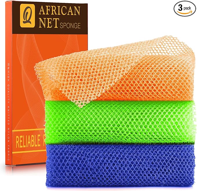 UJFQBH 3 Pieces African Bath Sponge African Net Long Net Bath Sponge Exfoliating Shower Body Scrubber Back Scrubber Skin Smoother,Great for Daily Use (Orange、Blue、Green)