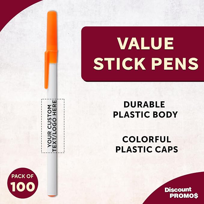 DISCOUNT PROMOS Custom Value Stick Pens Set of 100, Personalized Bulk Pack - Black Ink, Great for Office, School, Business, Tradeshows, Events - Orange