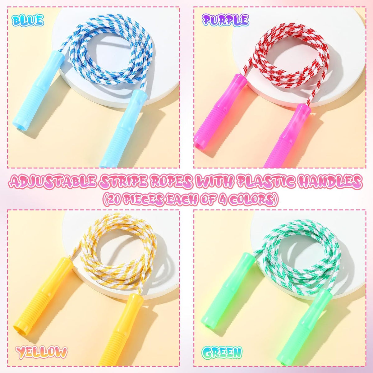 Aoriher 80 Pcs Jump Rope Bulk Kids 7.22 ft Adjustable Stripe Skipping Rope Outdoor Exercise Fitness Equipment for Back to School Class Playground Activities Set, 4 Colors
