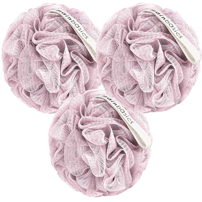 MainBasics Bath Shower Loofah Sponge Pouf Body Scrubber Exfoliator Body Wash Sponge (Set of 3, Perfectly Pink)