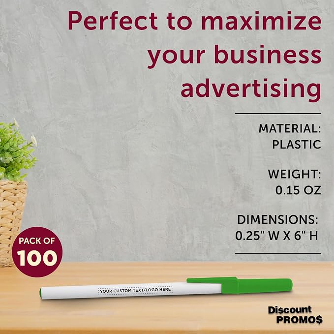 DISCOUNT PROMOS Custom Value Stick Pens Set of 100, Personalized Bulk Pack - Black Ink, Great for Office, School, Business, Tradeshows, Events - Green