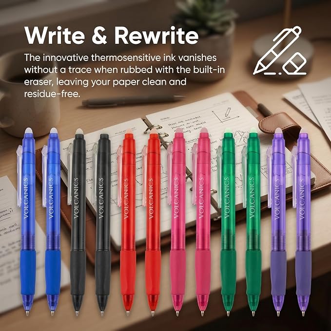 Volcanics Clicker Erasable Gel Pens, 12 Pack, 6 Colors
