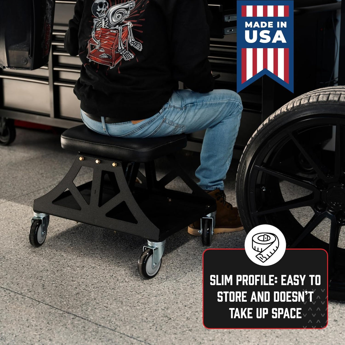 Vyper Low Pro Garage Stool with Removable Seat for Mechanics, Automotive, DIY - 400 lb Capacity Rolling Shop Chair (Black Seat, Blue Frame)