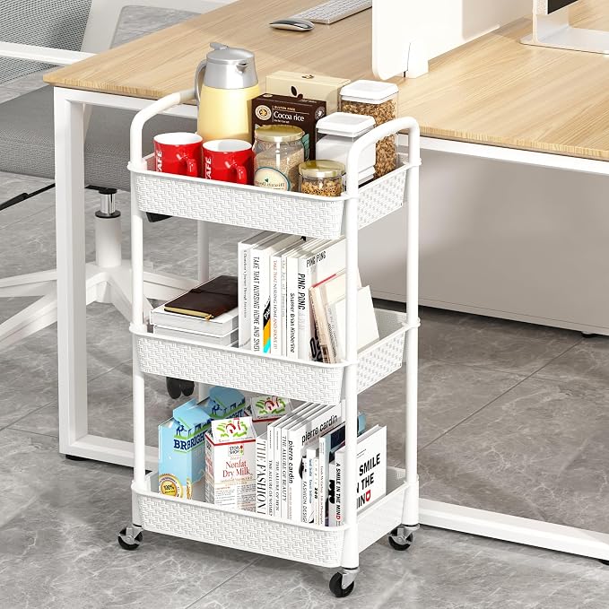 MOYIPIN 3-Tier Plastic Rolling Utility Cart with Handle,Utility Storage Cart for Office, Living Room, Kitchen,Movable Storage Organizer Shelves,White