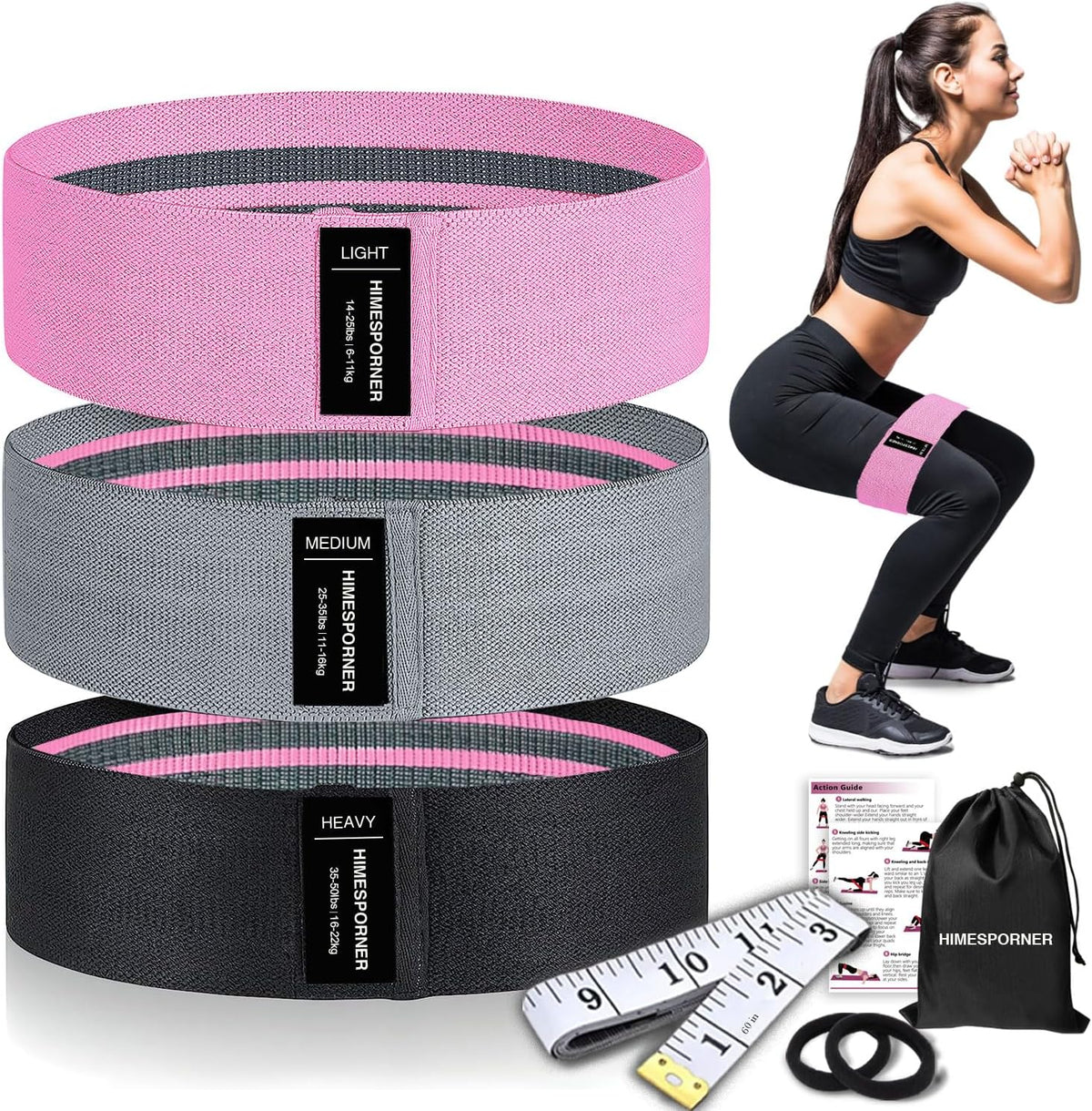Wide Fabric Resistance Bands for Working Out, 3 Level Non-Slip Exercise Booty Bands for Women & Men Leg and Glutes with Hair Ties and Tape Measure - for Home Gym Workout, Yoga, Pilates