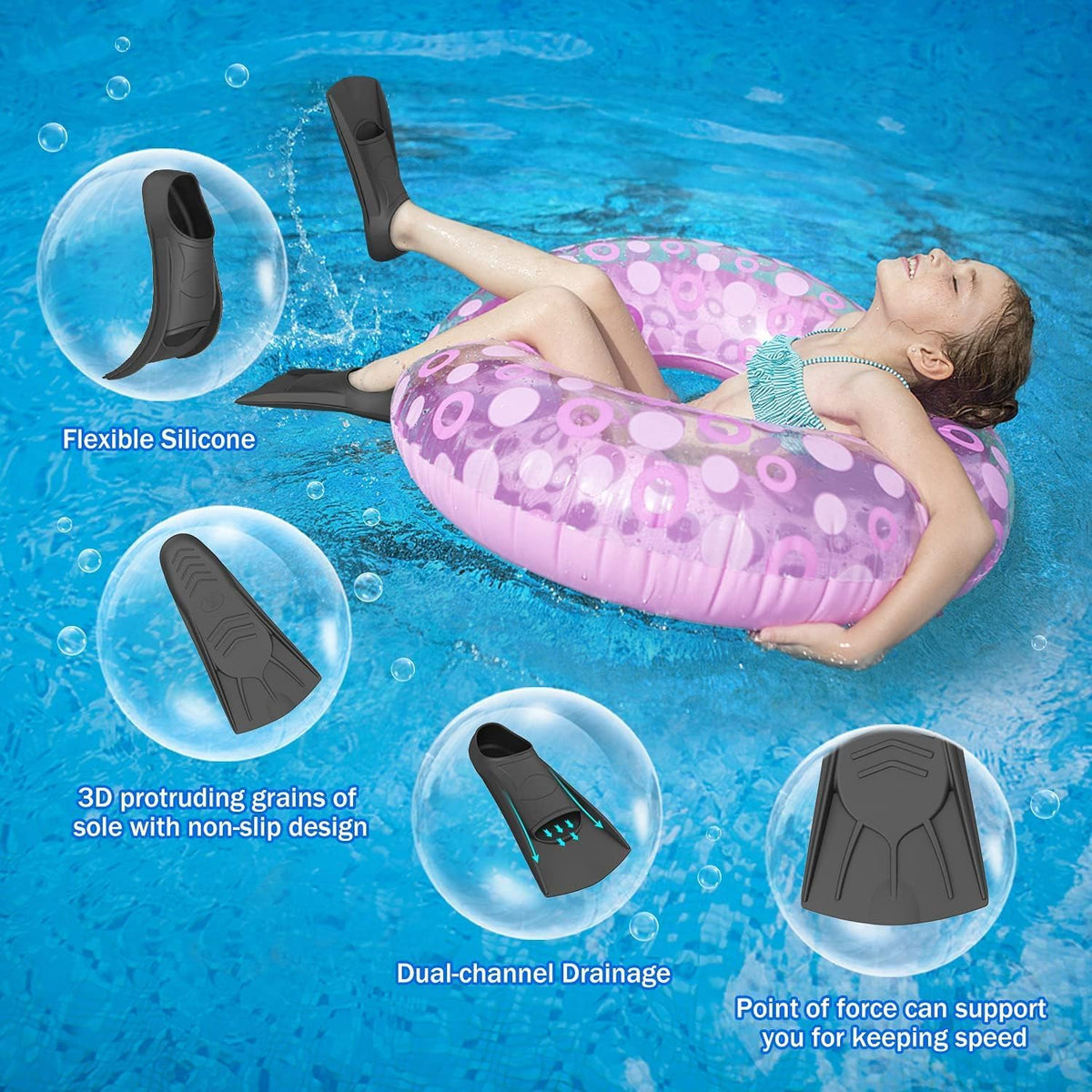 Gintenco Swim Fins, Kids Swim Training Fins for Lap Swimming, Travel Size Flippers with Mesh Bag, Silicone Swimming Fins for Kids Teens Adults Women Men
