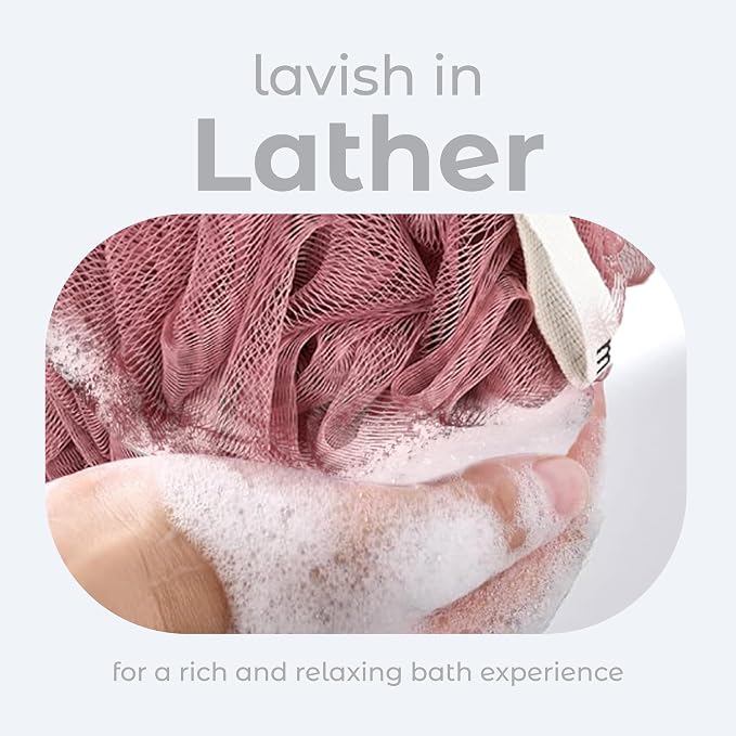 MainBasics Bath Shower Loofah Sponge Pouf Body Scrubber Exfoliator Body Wash Sponge (Set of 3, Coral Reef)