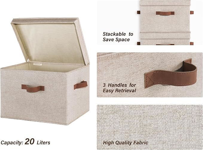 StorageWorks Fabric Storage Bins with Lid, Decorative Storage Boxes for Shelves, Stackable Closet Organizer Basket with Handles, Large, Brown and Beige, 2-Pack