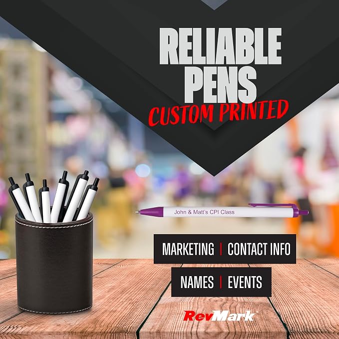 RevMark Personalized Ballpoint Pen, Custom Printed Name, Business or Event Information, Timeless Advertising, USA Made Pens, Promotional Marketing, Smooth Black Ink, Bulk Pack (Purple,100 Ct)