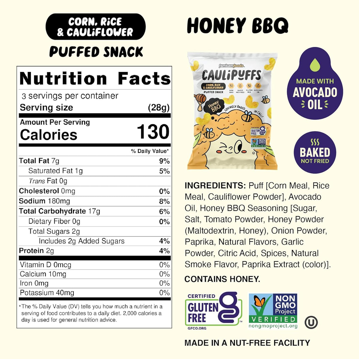 CauliPuffs - Corn, Rice, and Cauliflower Gluten Free Puffed Snack (5 x 3.0oz Bags, Honney BBQ)