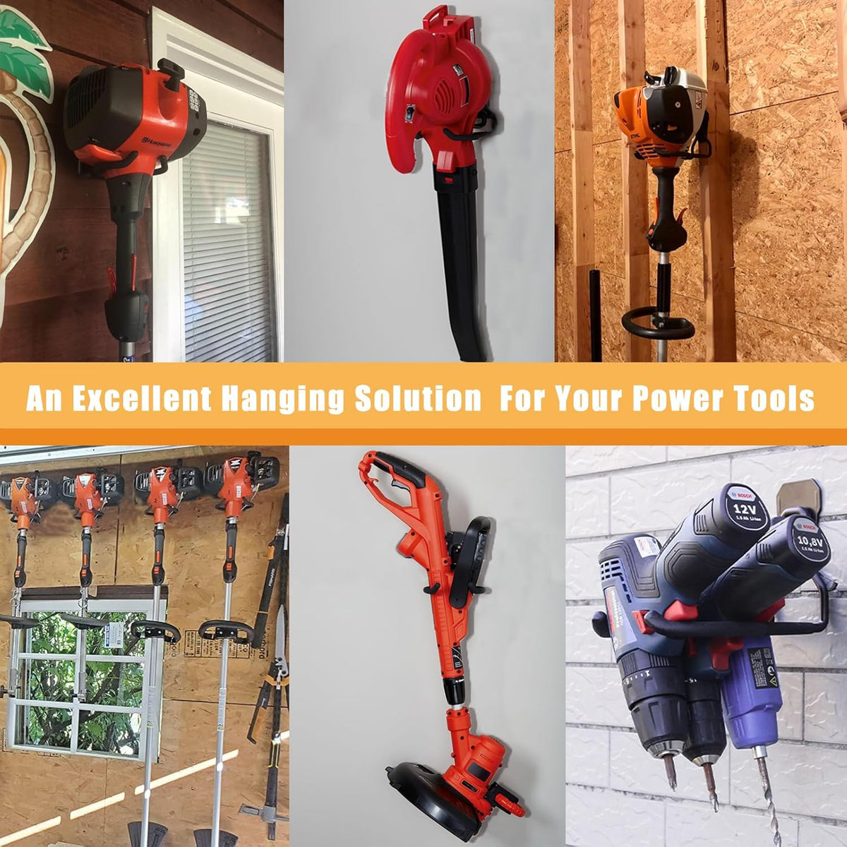 JuforminWeedeater Hanger, String Trimmer Hanger, Weed Eater Rack, Garage Wall Hooks, Power Tool Holder for Garage Wall, Utility Hooks for Garage Tool Organizers and Storage(Black-2 P)
