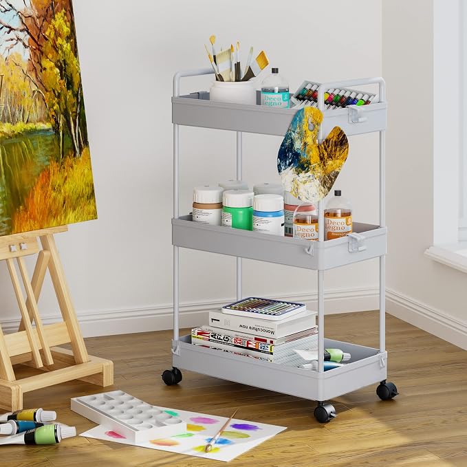 Ronlap 3 Tier Slim Rolling Storage Cart with Wheels Plastic Utility Cart Organizer for Snack Craft Art Postpartum Baby Diaper Nail Makeup in Bathroom Laundry Room Kitchen Bedside Narrow Space, Grey