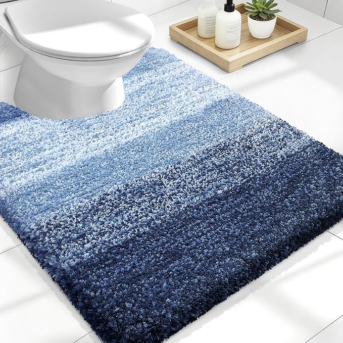 OLANLY Luxury Toilet Rugs U-Shaped 24x20, Extra Soft and Absorbent Microfiber Bathroom Rugs, Non-Slip Plush Shaggy Bath Mat, Machine Wash Dry, Contour Bathroom Mats for Toilet Base, Navy