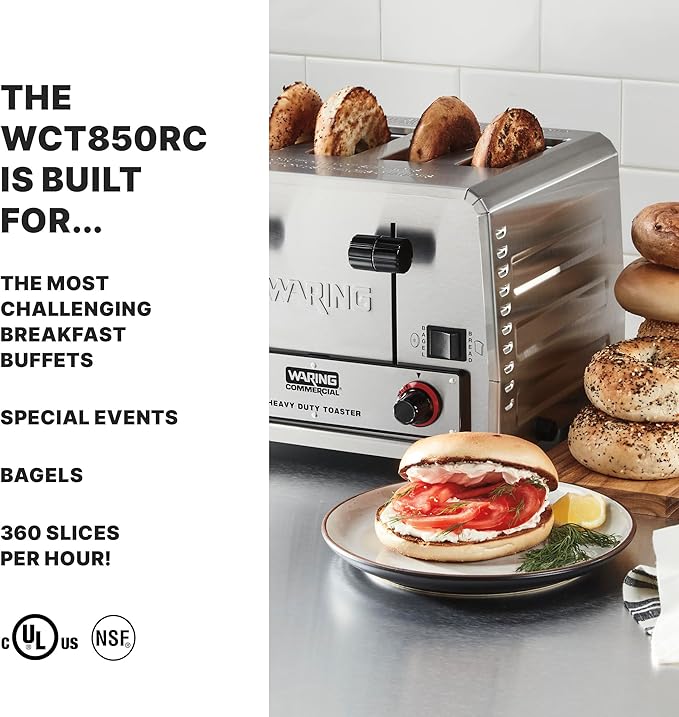 Waring Commercial WCT850RC 4-Slice Heavy Duty Commercial Pop-Up Bread/Bagel Toaster, 120V, 1800W, 5-15 Phase Plug