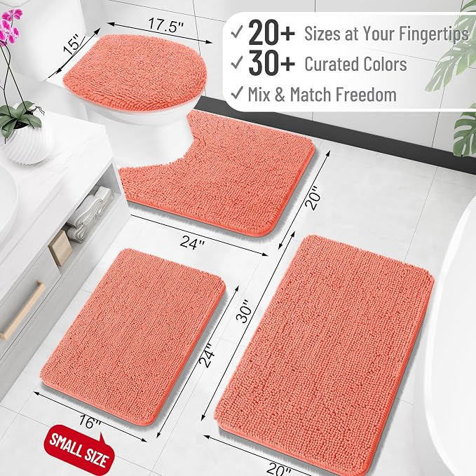 OLANLY Bathroom Rugs 34x21, Extra Soft Absorbent Chenille Bath Rugs, Rubber Backing Quick Dry, Machine Washable Bath Mats for Bathroom Floor, Tub and Shower, Home Decor Accessories, Coral