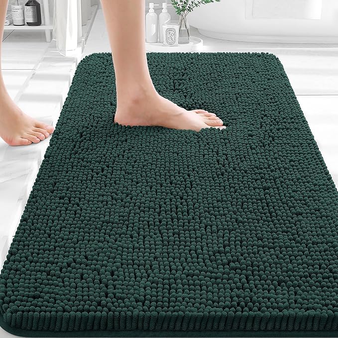 OLANLY Bathroom Rugs 35x24, Extra Soft Absorbent Chenille Bath Rugs, Rubber Backing Quick Dry, Machine Washable Bath Mats for Bathroom Floor, Tub and Shower, Home Decor Accessories, Blackish Green