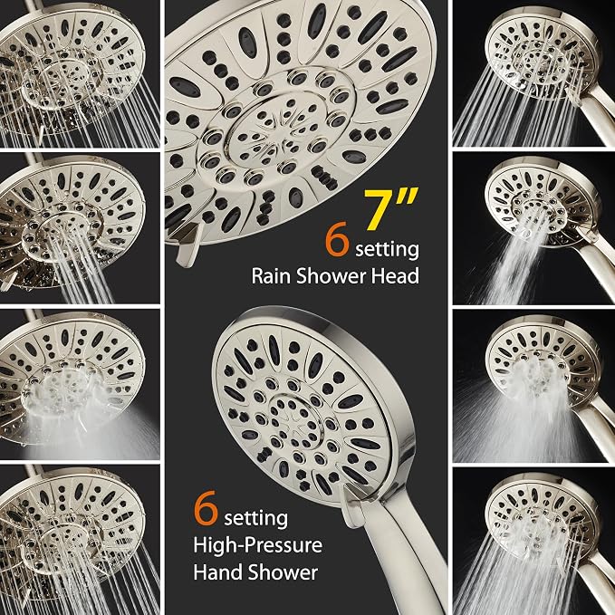 AquaDance 7" Premium High Pressure 3-Way Rainfall Combo with Stainless Steel Hose – Enjoy Luxurious 6-setting Rain Shower Head and Hand Held Shower Separately or Together – Brushed Nickel Finish