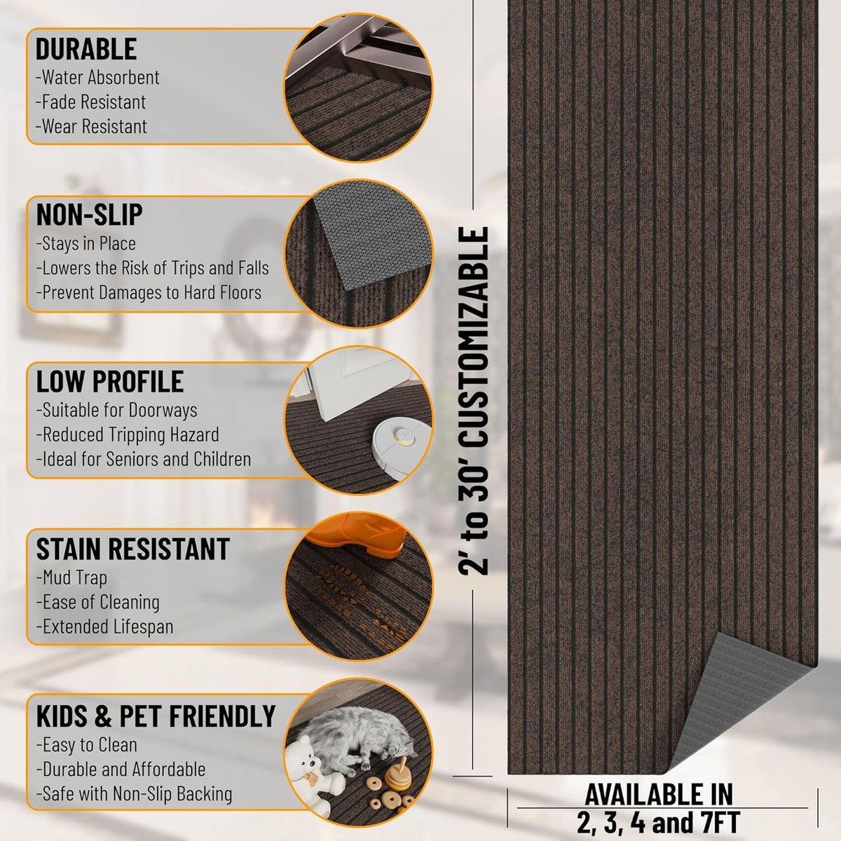 Ottomanson 2'7" x 25' Hallway Runner with Scraper Pile - Extra Durable Non-Slip Rug Mat for Indoor & Outdoor Use - Ideal for Kitchen, Entryway & Garage - High-Traffic Carpet, Brown